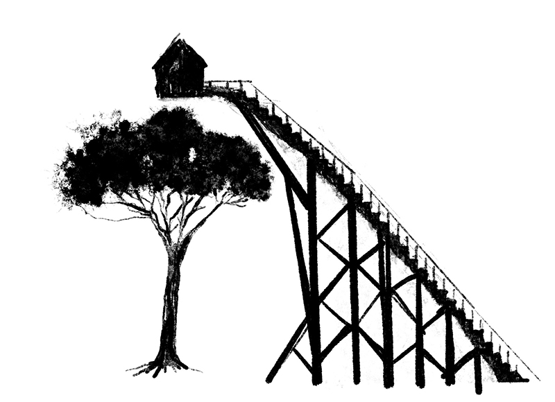 esquisse d'un arbre et d'un escalier qui accède à une cabane